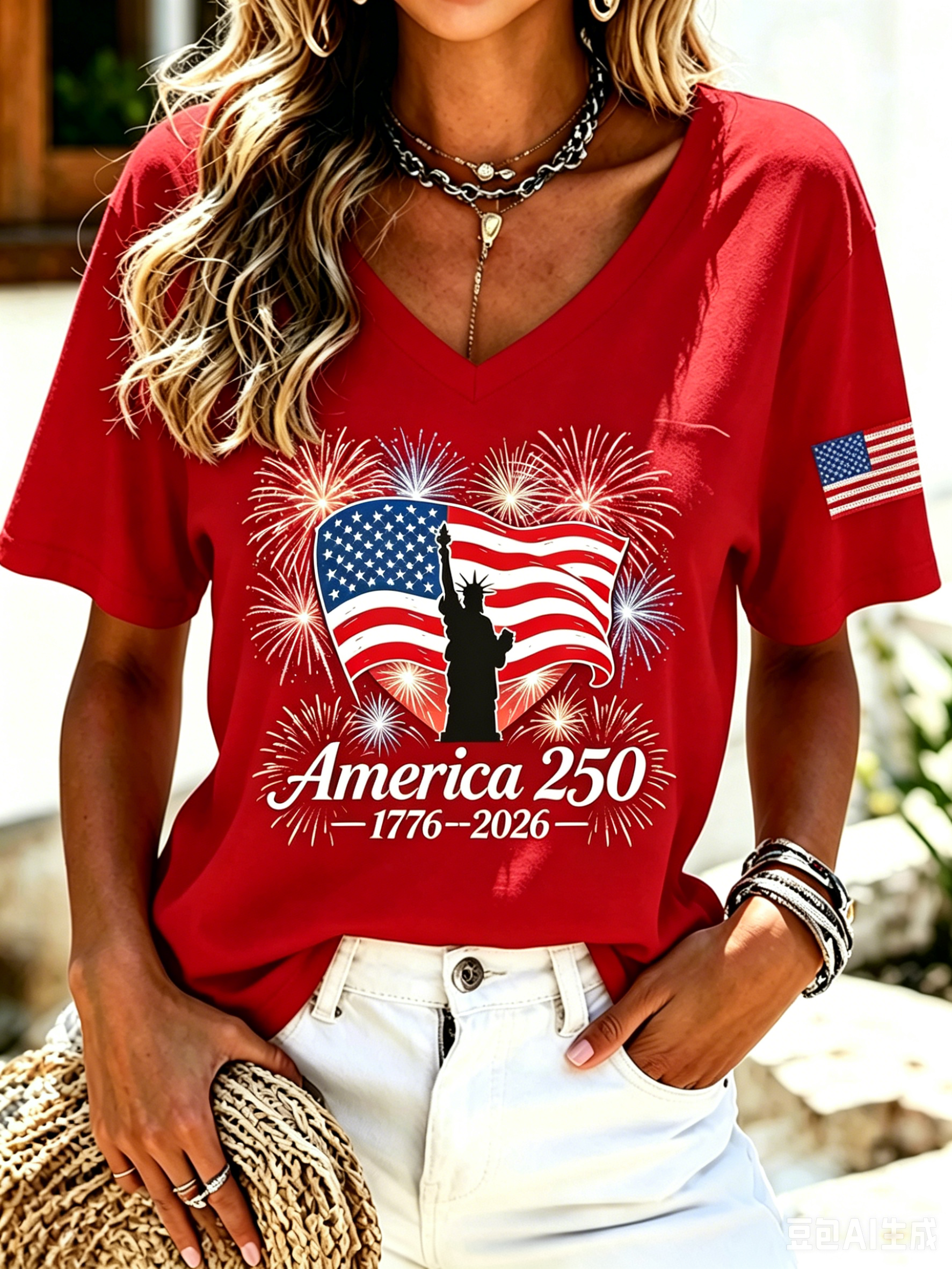Women's Casual American 250 Celebration Printed V-Neck T-Shirt