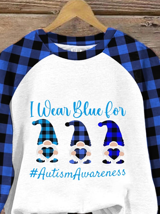 Retro Autism Awareness Gnomes Plaid I Wear Blue For Autism Awareness Print Sweatshirt