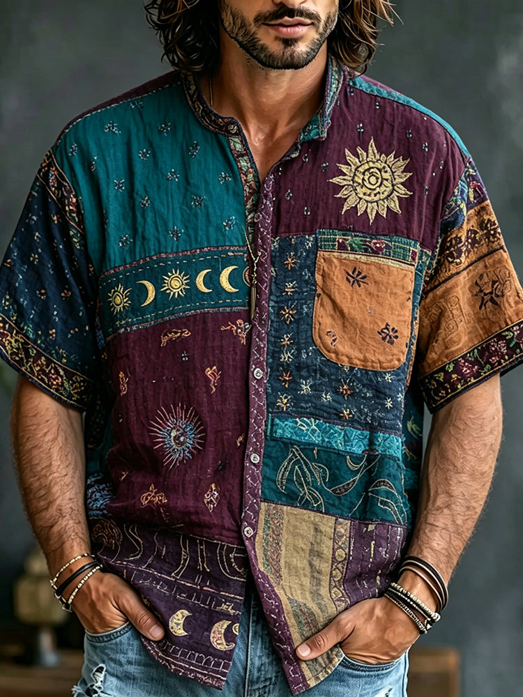 Men's Hippie Retro Sun And Moon Ethnic Print Cotton And Linen Shirt