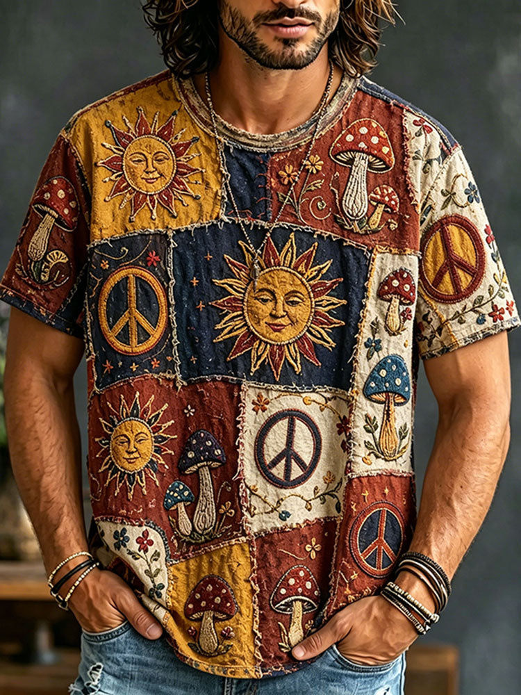 Men's Color Block Hippie Sun Mushroom Peace Graphic Patchwork Print T-shirt