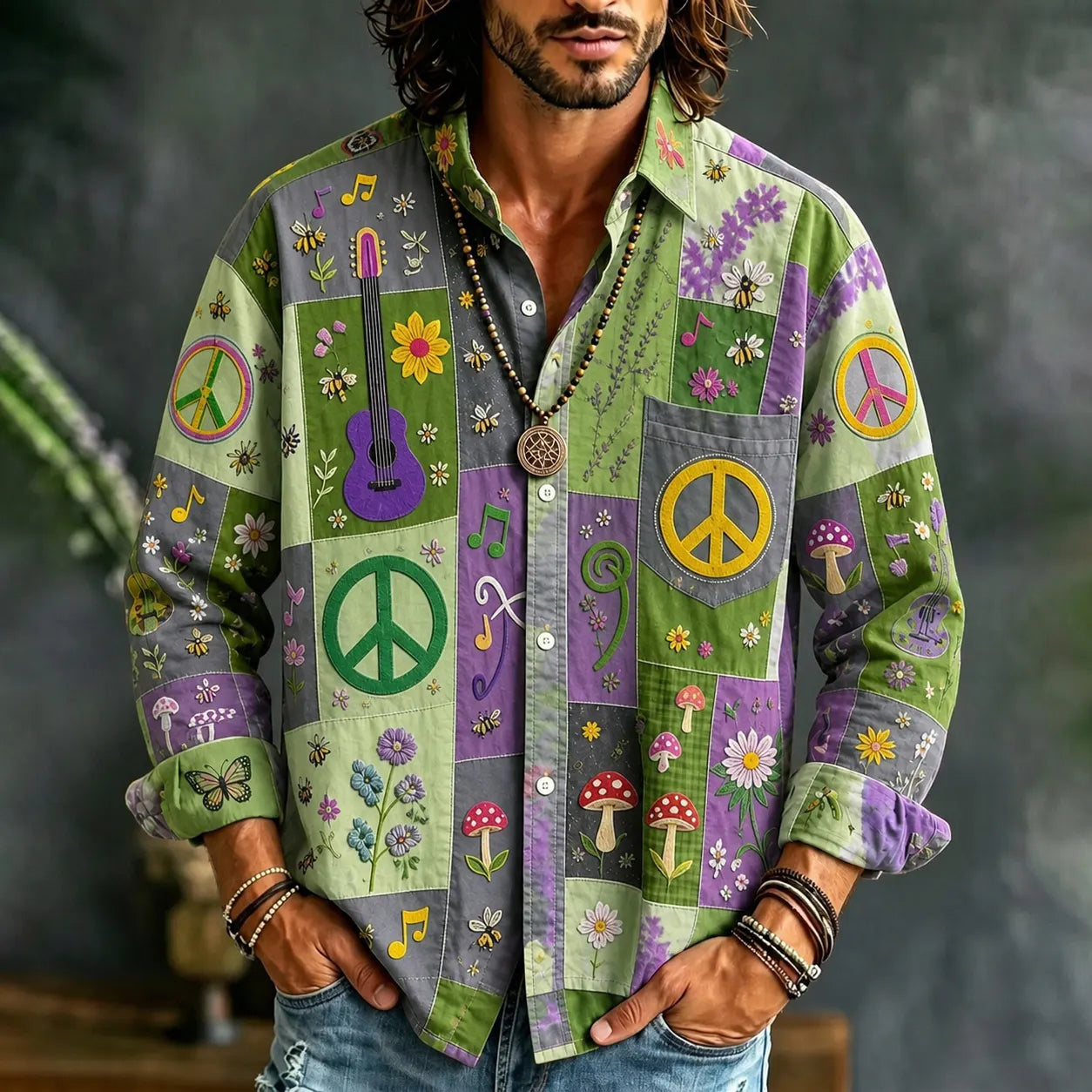 Men's Peace Sign And Guitar Hippie Patchwork Print Long Sleeves Shirt