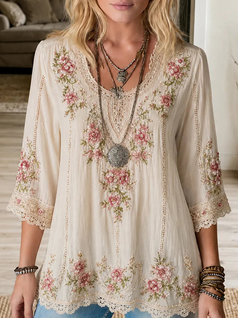 Women's Retro Bohemian Floral Embroidery Patchwork Casual Long-sleeve T-shirt