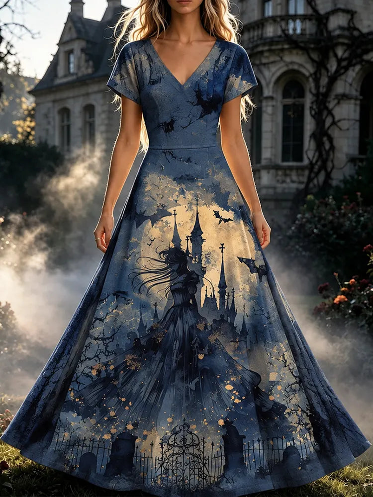 Women's Gothic Castle & Flying Bats Short Sleeve Maxi Dres
