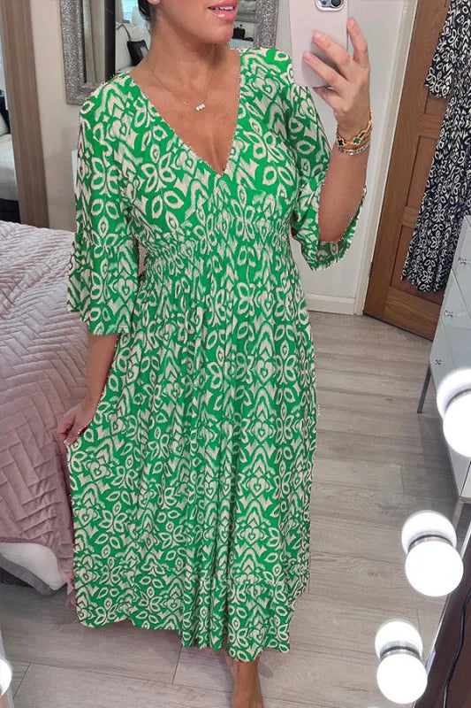 🔥Last Day 50% OFF-Bohemian Print V-Neck Waist Wrap Maxi Dress