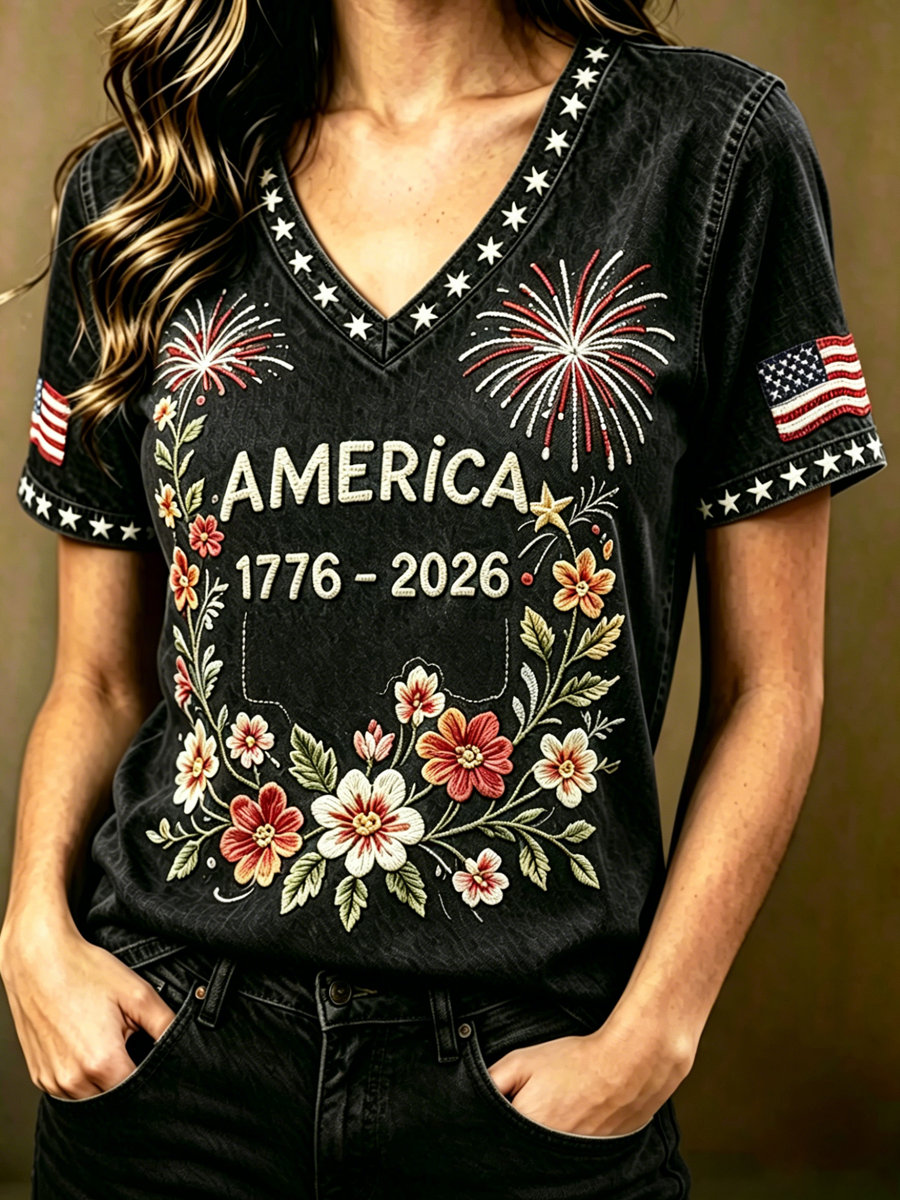 Women'S Retro American Flag Printed V-Neck T-Shirt