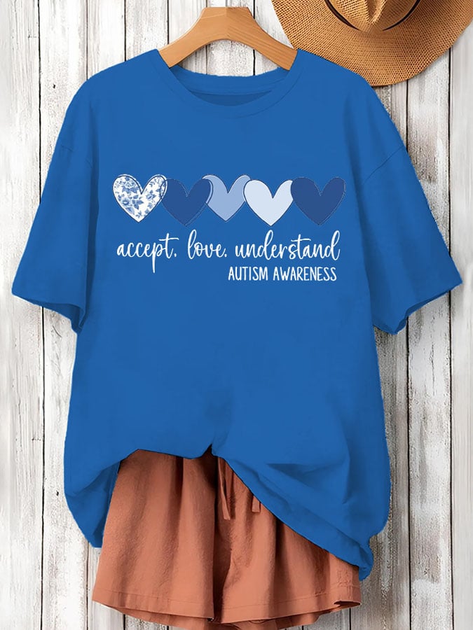 Women's Accept Love Understand Autism Awareness  Printed Short-Sleeved T-Shirt