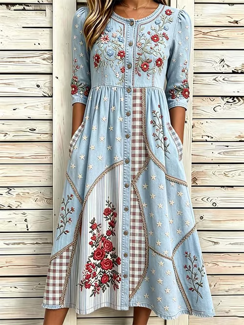 Women'S National flag floral patchwork Print Art Dress