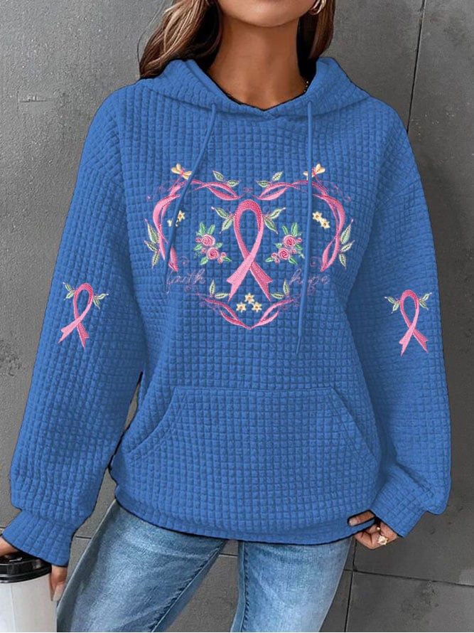 Women's Breast Cancer Pink Flower Print Casual Sweet Hooded Sweatshirt