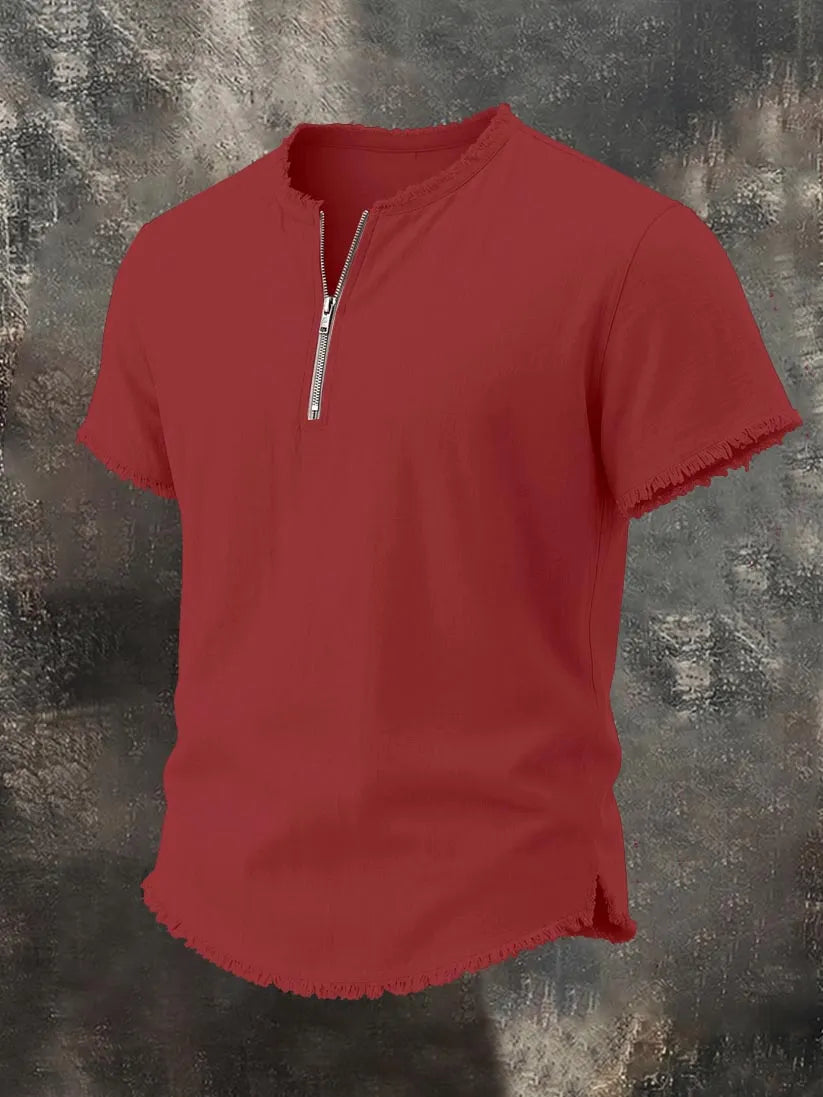 Men's Raw-Edge Cotton-Linen Zipper Top