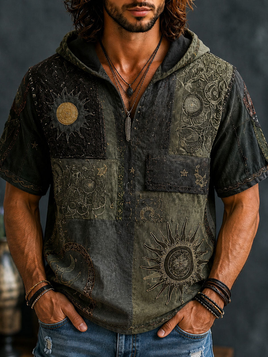 Men's Retro Hippie Sun Graphic Print Casual Hooded T-shirt