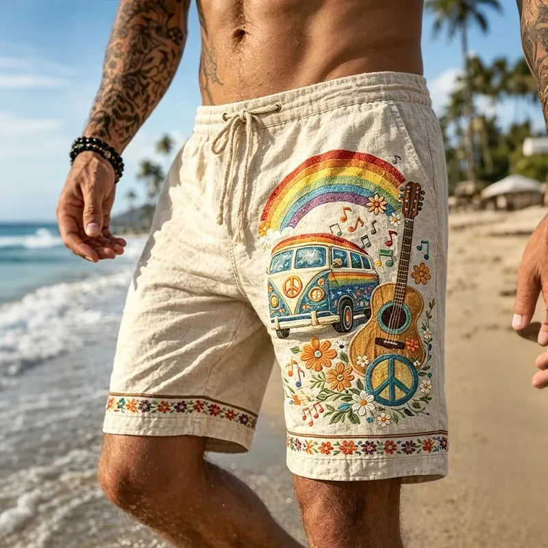 Men's Retro Hippie Vacation Style Art Print Casual Shorts
