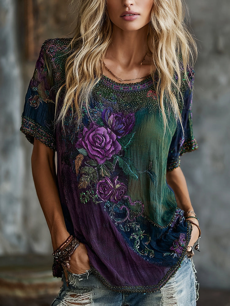 Women's Vintage Floral Color Blocking Pattern Casual T-shirt