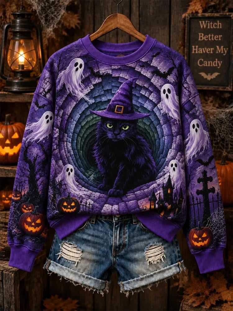 Women's Halloween 3d Cat Ghost Crewneck Sweatshirt
