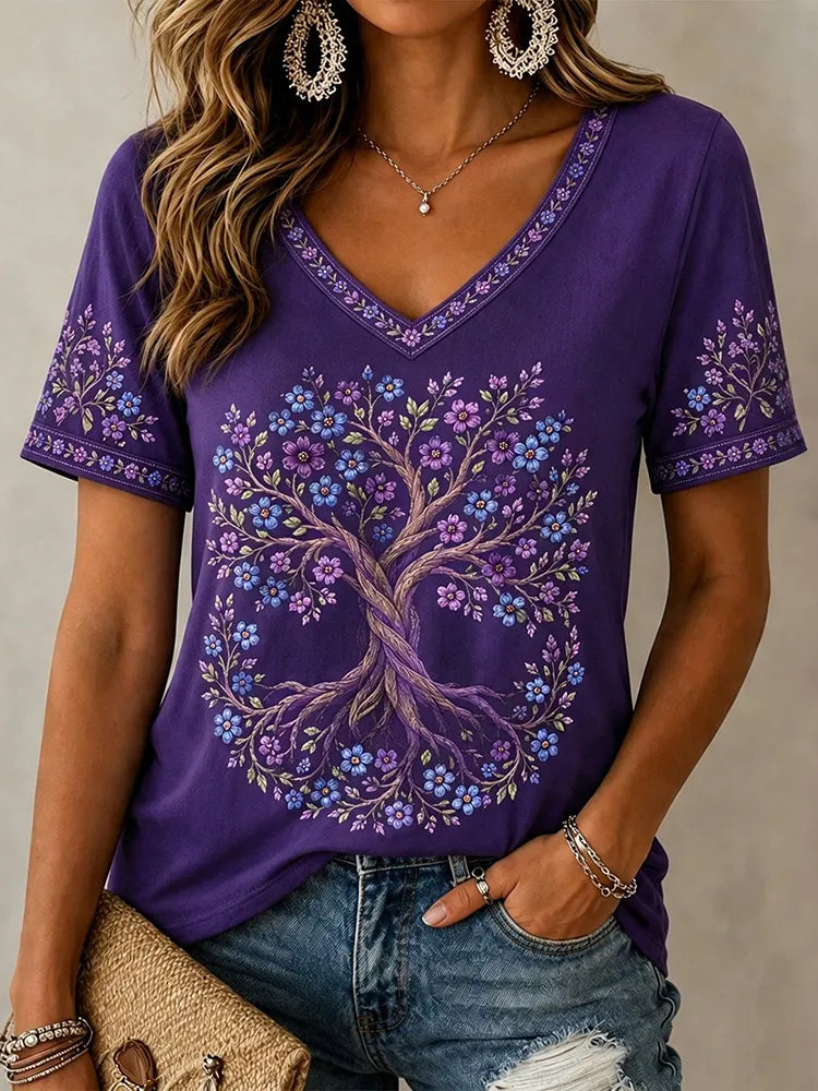 Women's Purple Floral Tree Of Life Art Print V-neck T-shirt