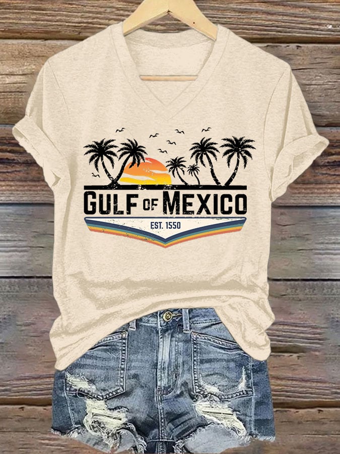 Women's Gulf Of Mexico Printed V Neck T-Shirt