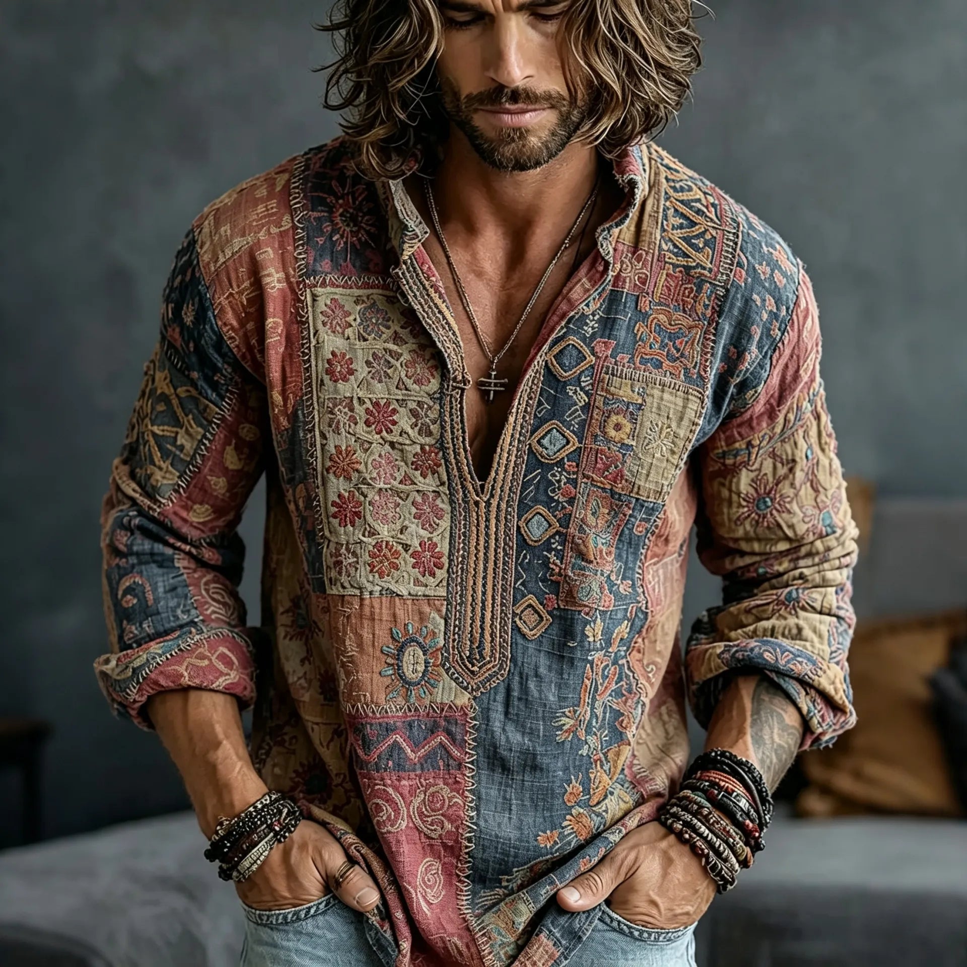 Men's Vintage Floral Patchwork Embroidered Art Print Flowy Linen Blend Casual Shirt