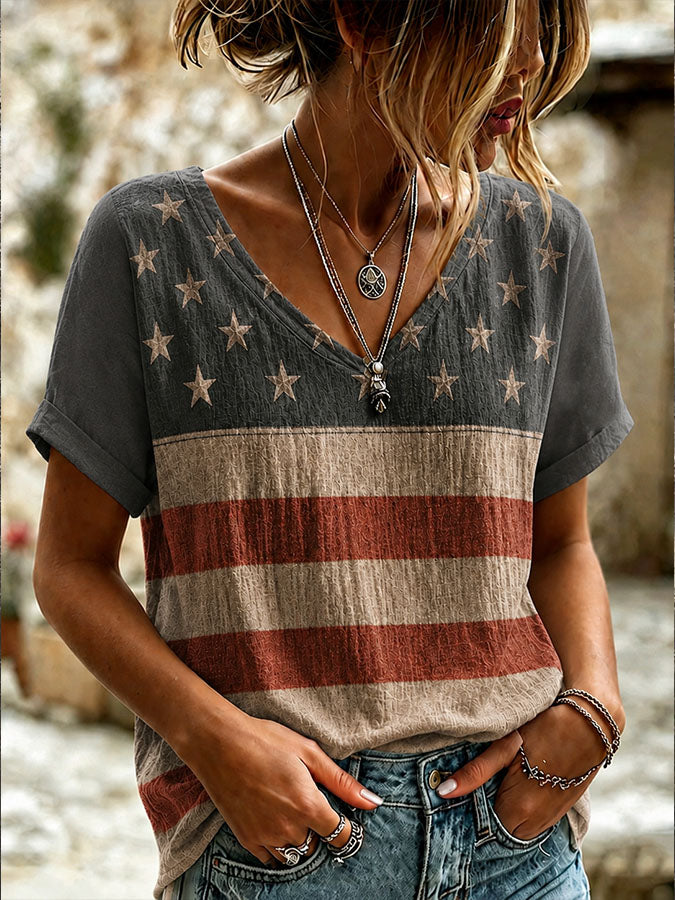 Women'S Retro Independence Day Printed Casual Short Sleeved T-Shirt