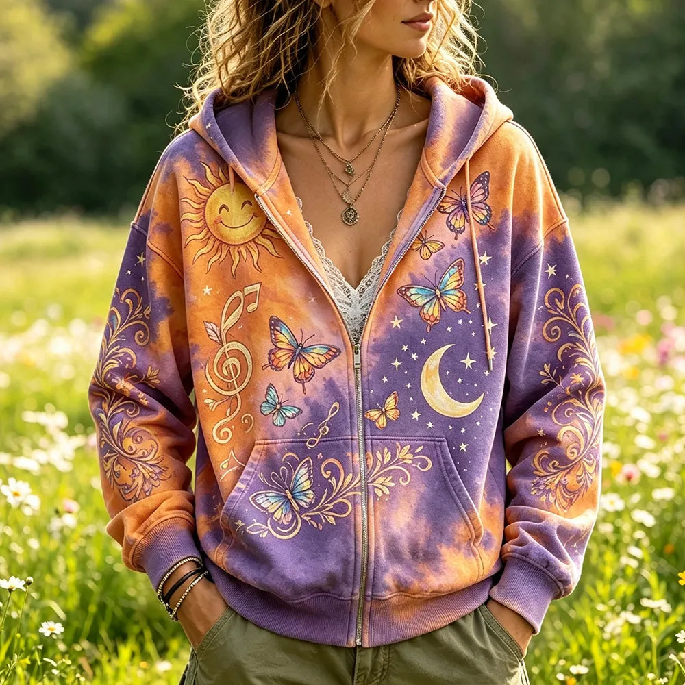 Women's Purple And Orange Tie-dye Zip-up Hoodie Featuring Graphic Designs Of Butterflies, A Smiling Sun, Crescent Moon, And Musical Notes.