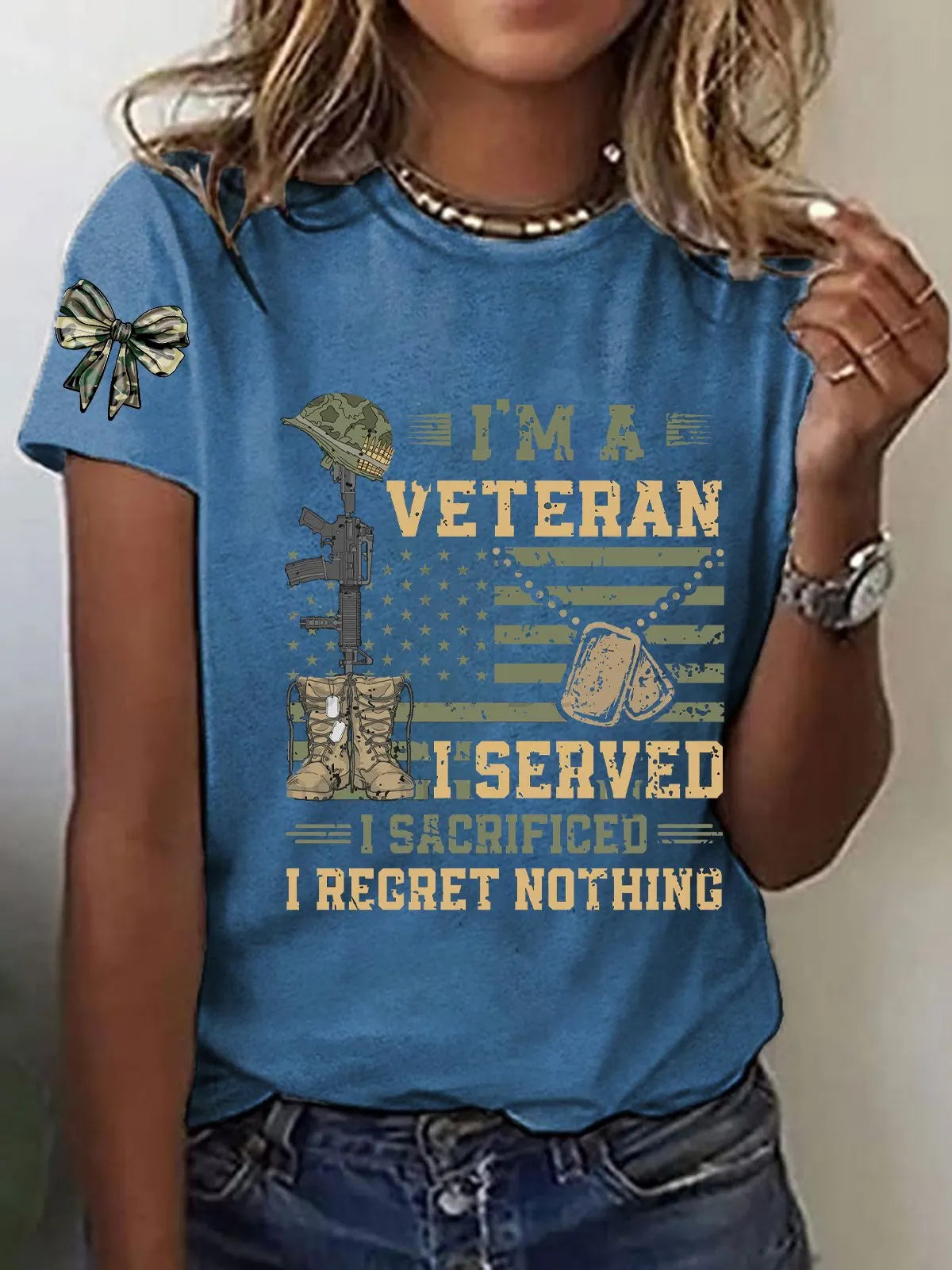 Women's Patriotic Veteran USA Flag Print T-Shirt