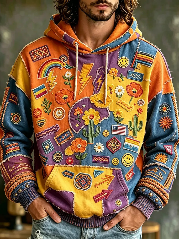Men's Boho Patchwork Hoodie With Rainbow, Floral, And Smiley Face Embroidery