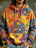 Men's Boho Patchwork Hoodie With Rainbow, Floral, And Smiley Face Embroidery