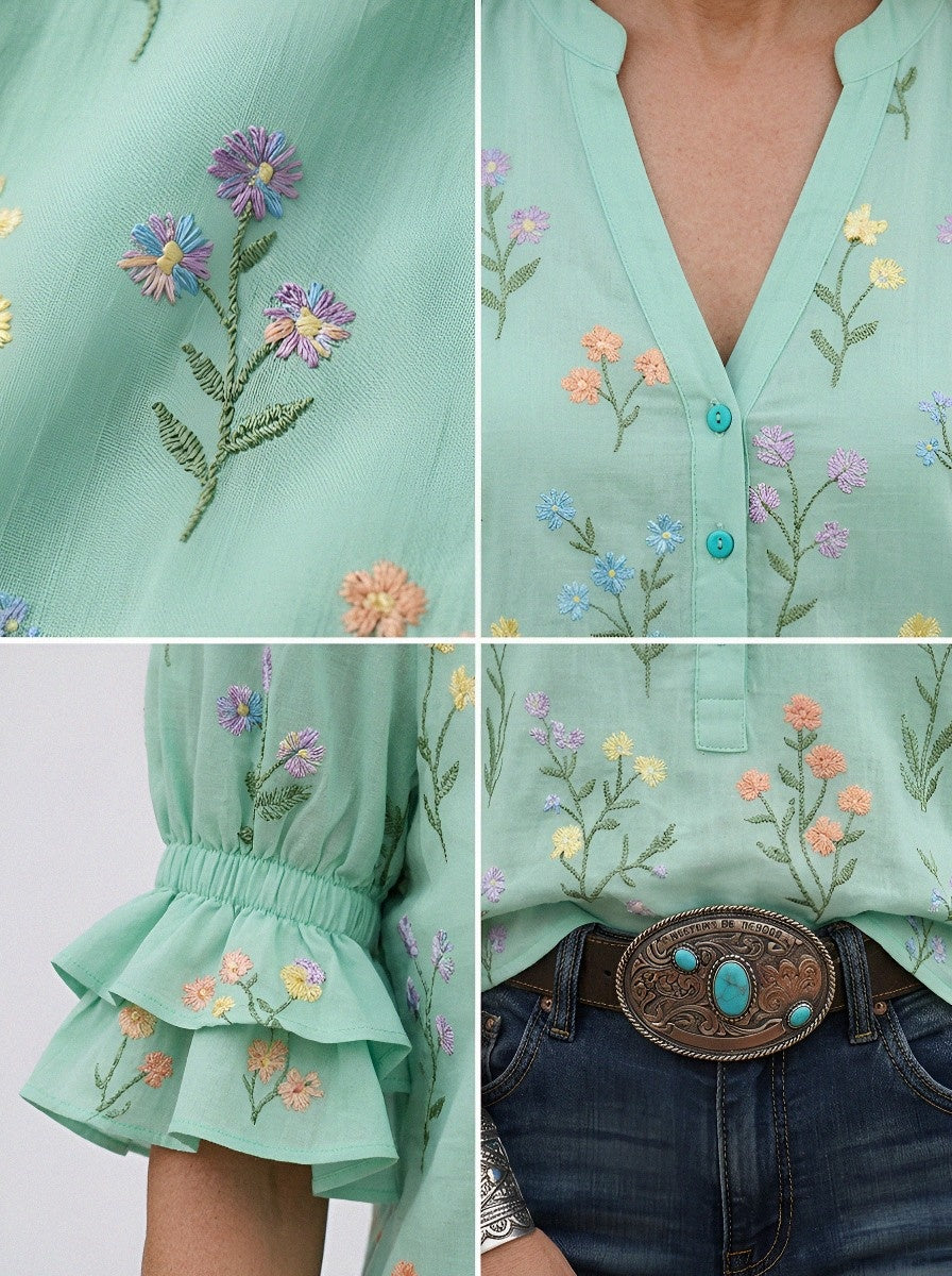 Women's Western Vintage Floral Embroidered Ruffle Sleeve Top