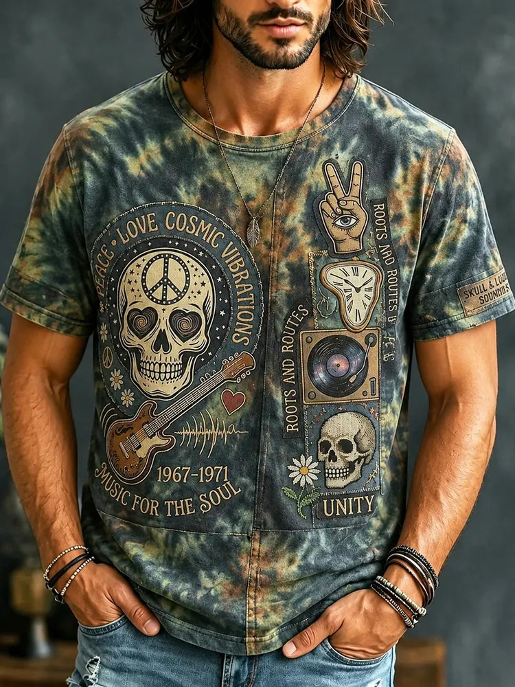 Men's Peace Love Cosmic Vibrations Music For The Soul Skull Tie-dye Print T-shirt