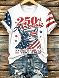 Women's American Flag Cat Print Casual T-Shirt