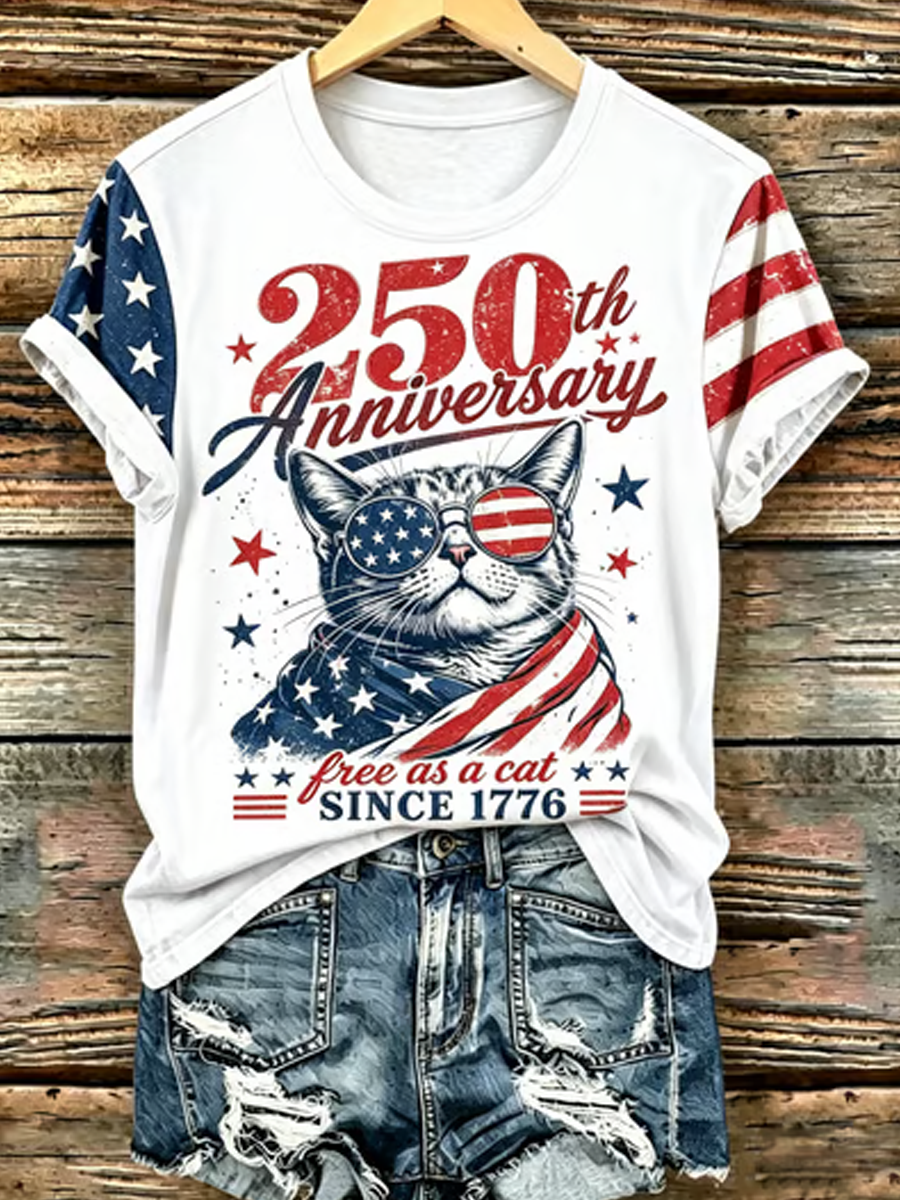 Women's American Flag Cat Print Casual T-Shirt