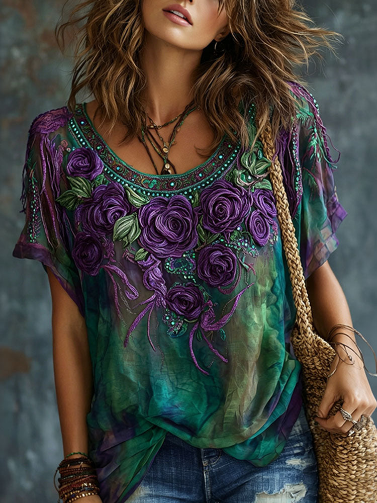 Women's Vintage Romantic Floral Art Linen Blend T-shirt