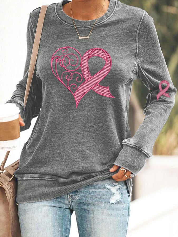 Women's Breast Cancer Awareness Heart Ribbon Print Sweatshirt