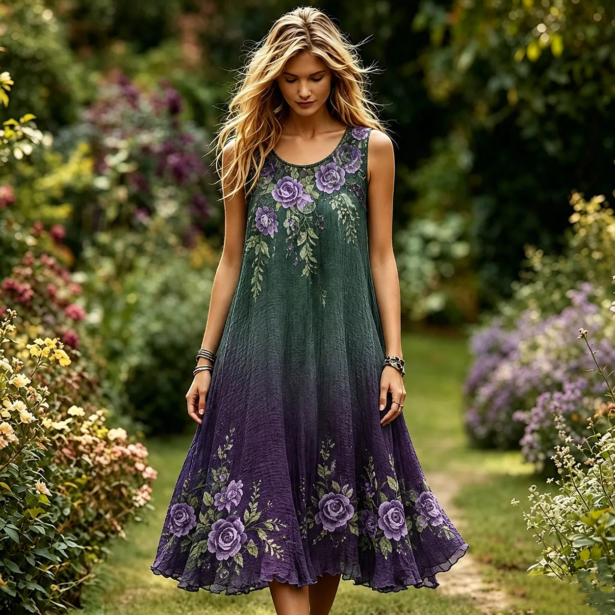 Women's Purple Rose Floral Gradient Pattern Casual Dress