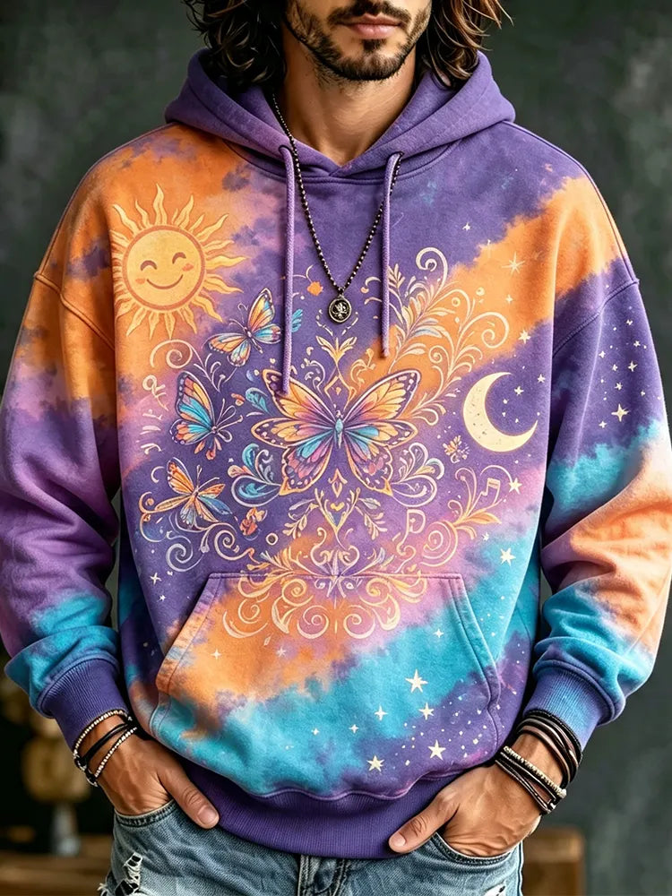 Men's Celestial Sun, Moon & Butterfly Hoodie - Tie-dye Boho Graphic Pullover