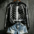 Women's Halloween Peeking Black Cat With X-ray Rib Skeleton Print Crew-neck Sweatshirt