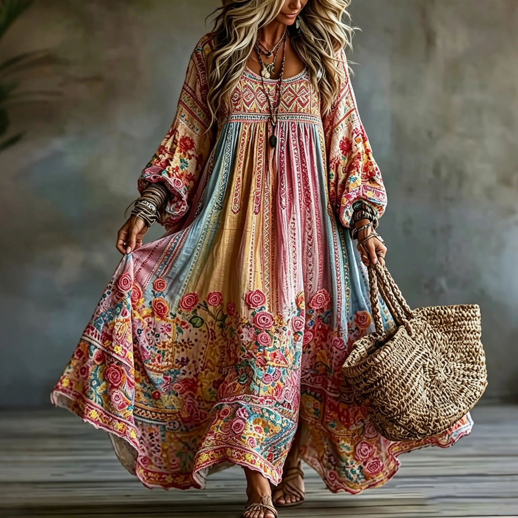 Women's Vintage Hippie Floral Art Print Maxi Dress