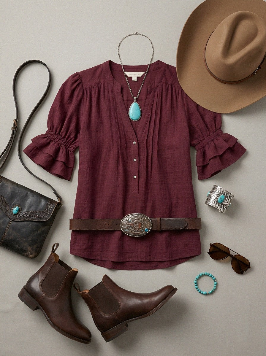 Women's Western Vintage Style Ruffled Sleeve Button-Down Top