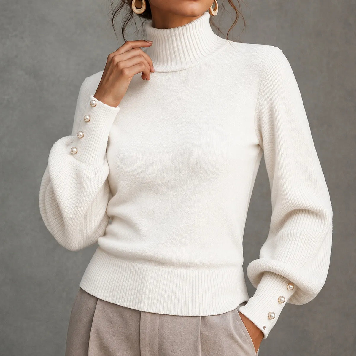 Elegant Solid Color Turtleneck Beaded Sweater