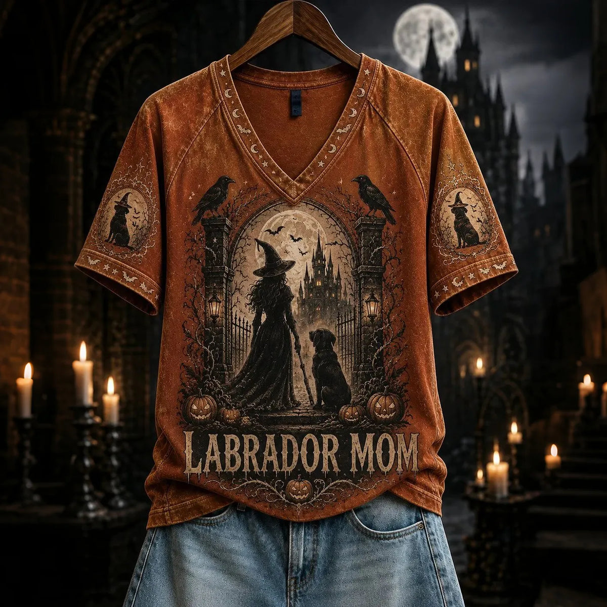 Women's Raven Witch Dog Castle Retro Dark Print V-neck T-shirt