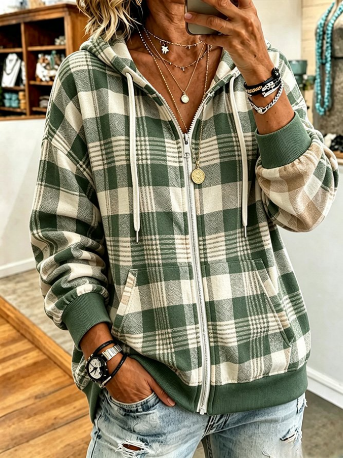 Women Pink Art Plaid Long Sleeve Hoodie Casual  Jacket Outerwear