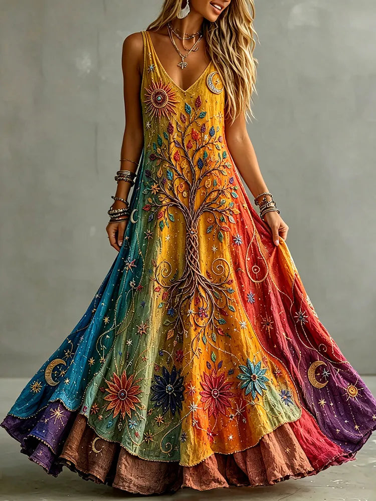 Women's Retro Sun Moon With Tree Of Life Color Gradient Art Pattern Tanks Dress