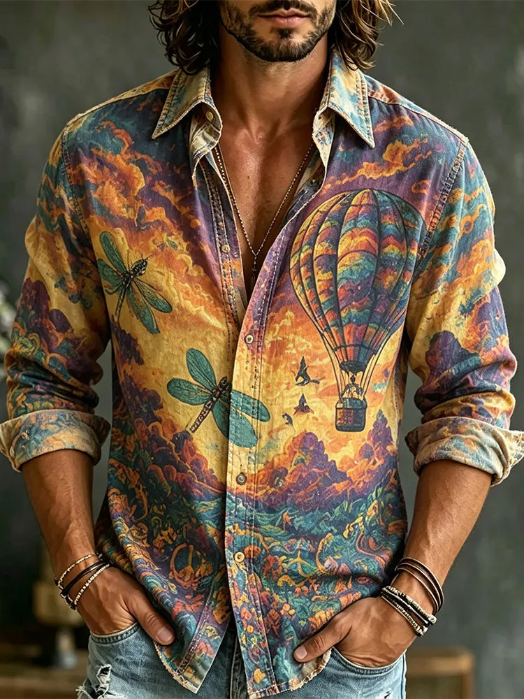 Men's Vintage Hippie Hot Air Balloon Dragonfly Psychedelic Landscape Print Long Sleeve Button Down Shirt
