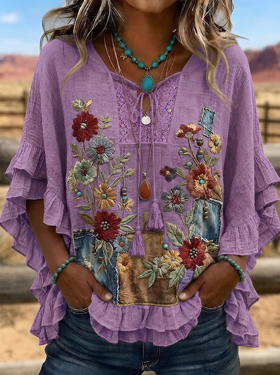 Women's Western Vintage Floral Denim Patchwork Printed Top