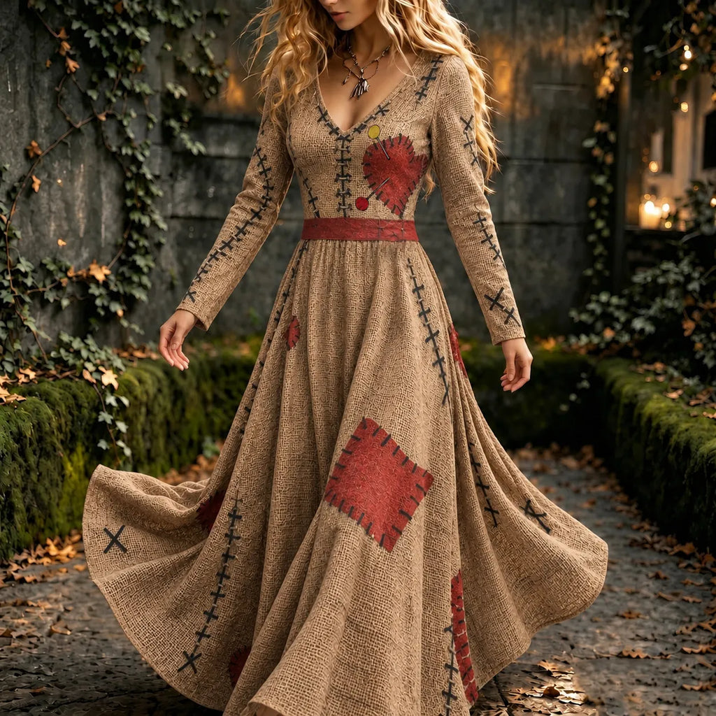 Women's Halloween Voodoo Doll Cosplay V-neck Maxi Dress