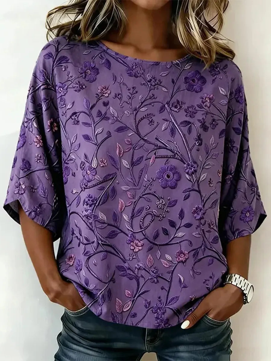 Women's Vintage Floral Embroidery Art Linen Blend T-shirt
