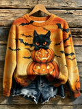 Women's Retro Halloween Cat, Bat, And Pumpkin Print Sweater
