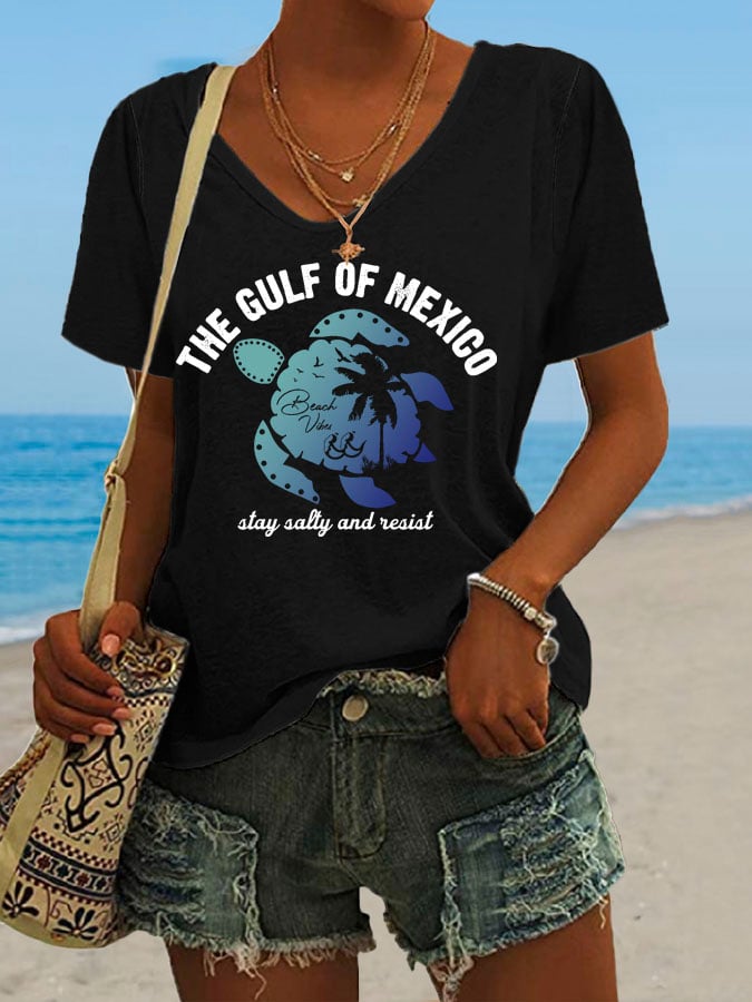 Women's Gulf Of Mexico Print V Neck Casual T-Shirt
