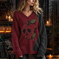 Women's Halloween Colorblock Skull Apple Knit V-neck Sweater