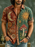 Men's Retro Boho Red & Green Colorblock Sun, Moon & Mushroom Print Short-sleeve Shirt