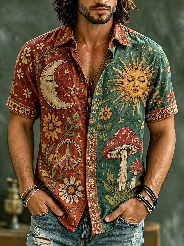 Men's Retro Boho Red & Green Colorblock Sun, Moon & Mushroom Print Short-sleeve Shirt