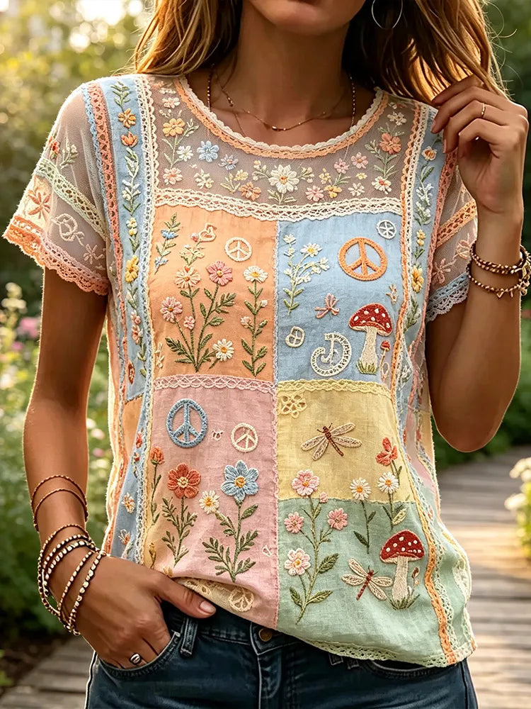 Vintage Floral And Dragonfly Art Patchwork Lightweight Cotton And Linen Short-sleeved Top